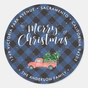 Red Christmas Truck Blue Rücksendeadressen-Aufkleb Runder Aufkleber