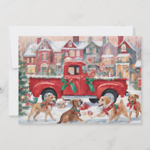 Red Christmas Truck im Dorf mit Welpen Feiertagskarte