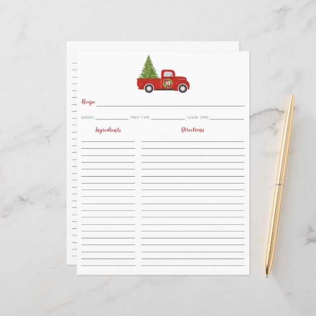Red Christmas Truck & Tree Recipe Binder Beilage (Vorderseite/Rückseite Beispiel)