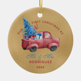 Red Christmas Truck Watercolor Newlywings Foto Keramik Ornament