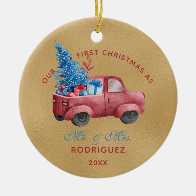 Red Christmas Truck Watercolor Newlywings Foto Keramik Ornament (Vorne)