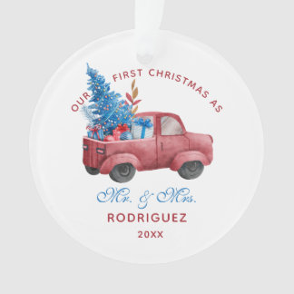 Red Christmas Truck Watercolor Newlywings Foto Ornament