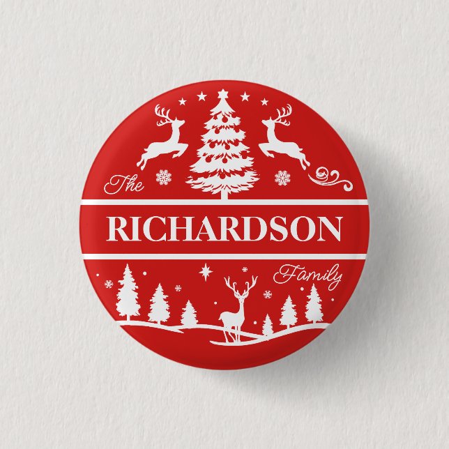Red Christmas White Family Name Personalisiert Button (Vorderseite)