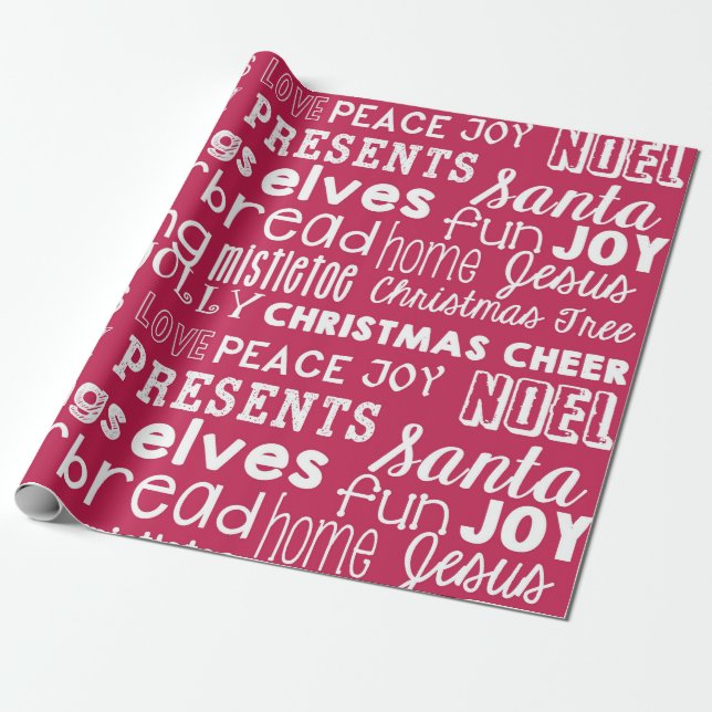Red Christmas Words Holiday Wrapping Paper Geschenkpapier (Ungerollt)