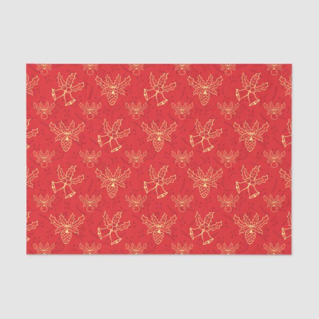 Red Christmas Wrap Bells and Holly Berries Pattern Seidenpapier (Vorderseite)