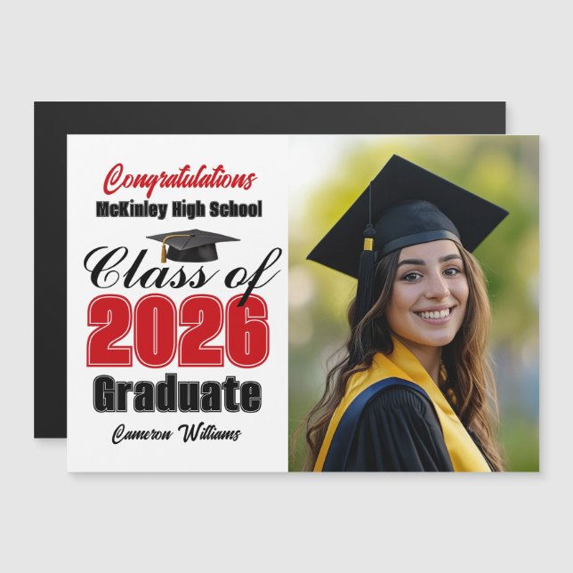 Red Class of 2026 Graduation Photo Magnet Card (Vorne/Hinten)