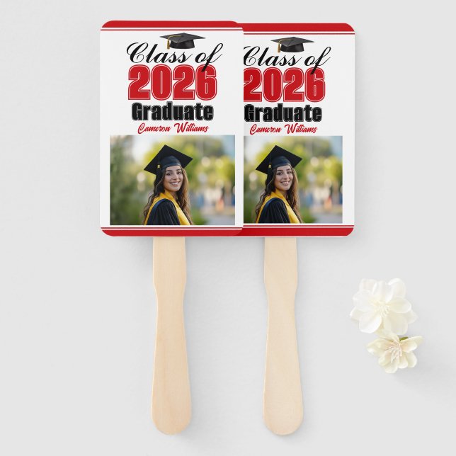 Red Class of 2026 Photo Custom Graduation Photo Fächer (Vorne und Hinten)