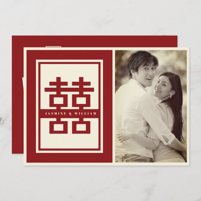 Red Classic Double Happiness Chinese Wedding Foto Save The Date (Vorne/Hinten)