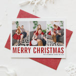 Red Classic Typografie Foto Collage Weihnachten<br><div class="desc">Frohe Weihnachten! Mit dieser individuell gestaltbaren Weihnachts-Foto-Collage-Karte können Sie sich in dieser Saison Ihre Wünsche mitteilen. Es zeichnet sich durch einfache Typografie aus. Personalisieren Sie Ihre Daten durch Hinzufügen von drei Fotos,  Namen,  Jahr und anderen Details. Diese moderne Weihnachtskarte ist in anderen Farben und mit Karton erhältlich.</div>