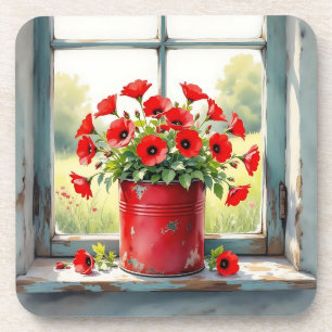 Red Coffee Tin of Red Poppies Getränkeuntersetzer