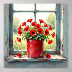 Red Coffee Tin of Red Poppies Poster