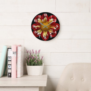 Red Collarette Dahlia auf der schwarzen Flora Große Wanduhr