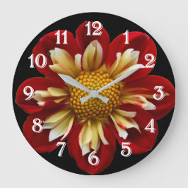 Red Collarette Dahlia auf der schwarzen Flora Große Wanduhr
