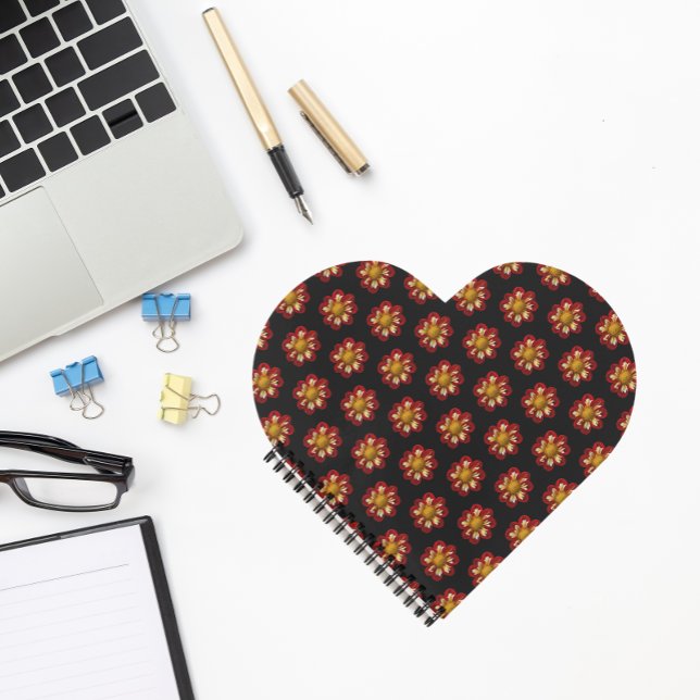 Red Collarette Dahlia Floral Pattern auf Schwarz Notizbuch (In Situ)