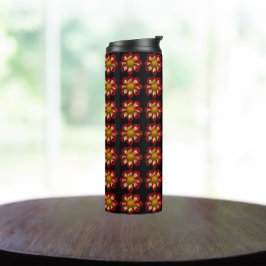 Red Collarette Dahlia Floral Pattern auf Schwarz Thermosbecher