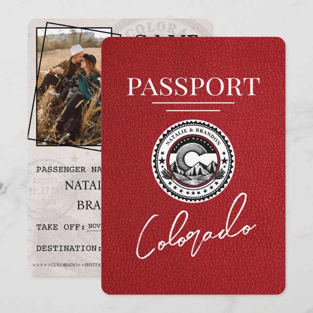 Red Colorado Passport Save the Date (Vorne/Hinten)