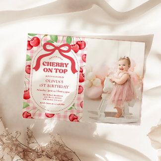 Red Coquette Bow Cherry On Top Birthday Photo Einladung