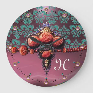 RED CORAL ROSES, BLUE PURPLE PINK DAMASK MONOGRAM GROßE WANDUHR