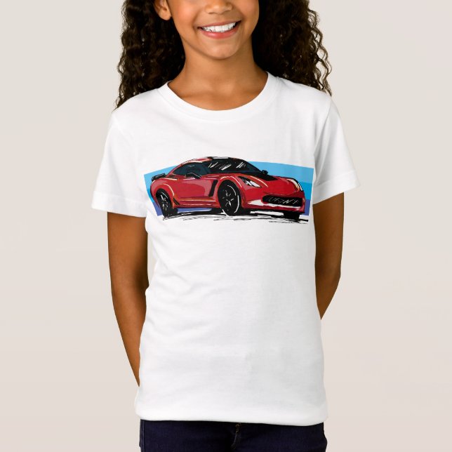 Red Corvette C7 mit Blue Stripes T-Shirt (Vorderseite)