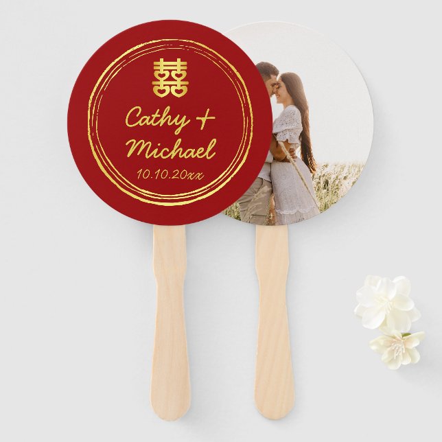 Red Couple Foto Chinesische Hochzeit doppeltes Glü Fächer (Vorne und Hinten)