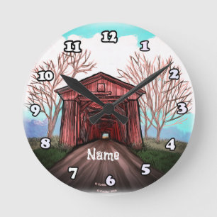 Red Covered Bridge Runde Wanduhr