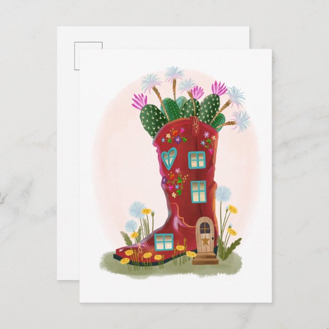 Red Cowboy Boot and Cactus Postcard Postkarte (Vorne/Hinten)