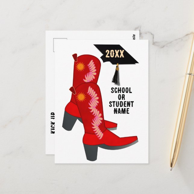 Red Cowboy Boots Abschluss Postkarte (Vorderseite/Rückseite Beispiel)