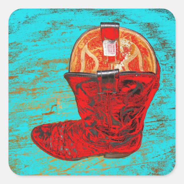 Red Cowboy Boots Stickers Türkis Hintergrund (Vorderseite)