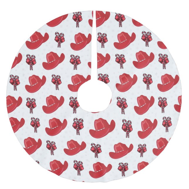 Red Cowboy Hats und Candy Canes Polyester Weihnachtsbaumdecke (Vorderseite)