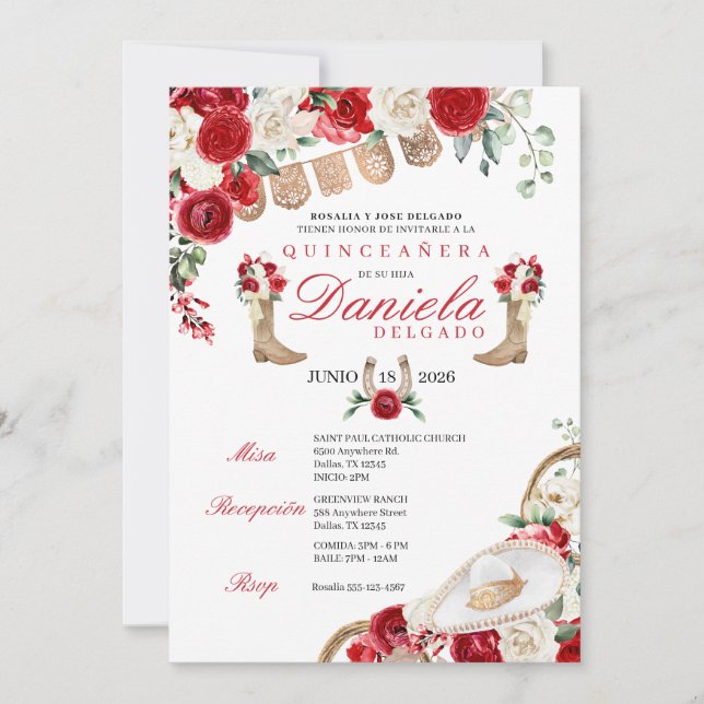 Red Cowgirl Boots & Ropes Mariachi Quinceañera Einladung (Vorderseite)