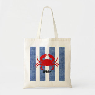 Red Crab auf Blue Denim Stripes Tragetasche
