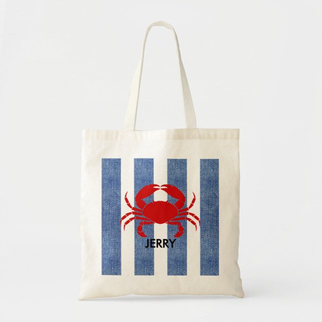 Red Crab auf Blue Denim Stripes Tragetasche (Vorne)