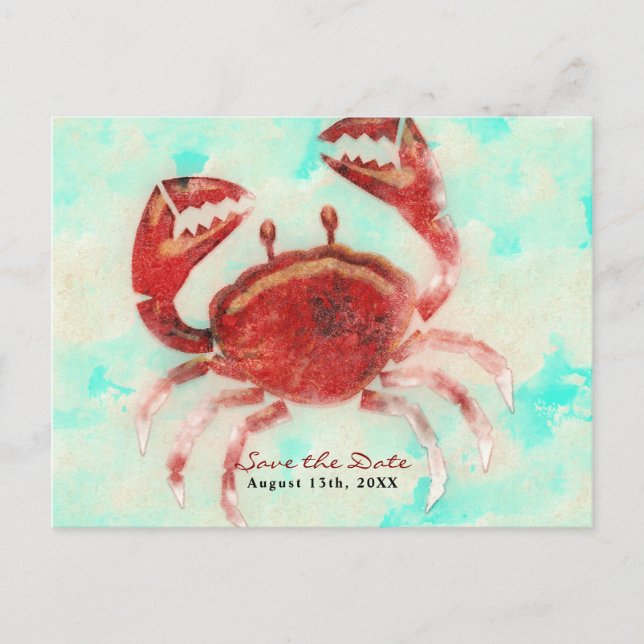 Red Crab Elegante Beach Verlobung Save the Date Ankündigungspostkarte (Vorderseite)