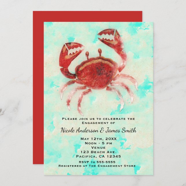 Red Crab Elegantes Beach Party Verlobung Dusche Einladung (Vorne/Hinten)