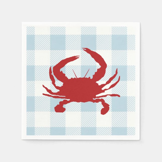 Red Crab Malerei Nautical Blue Gingham Coastal Serviette (Vorderseite)