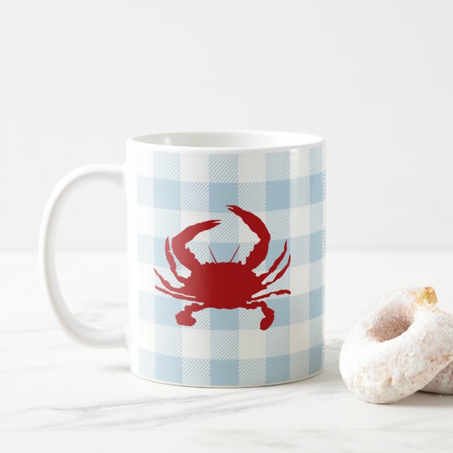 Red Crab Malerei Nautical Coastal Gingham Muster Kaffeetasse (Mit Donut)