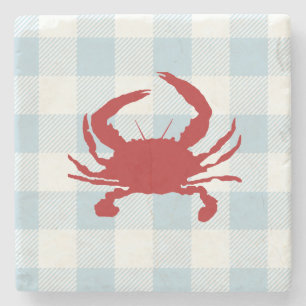 Red Crab Nautical Gingham Karo Steinuntersetzer