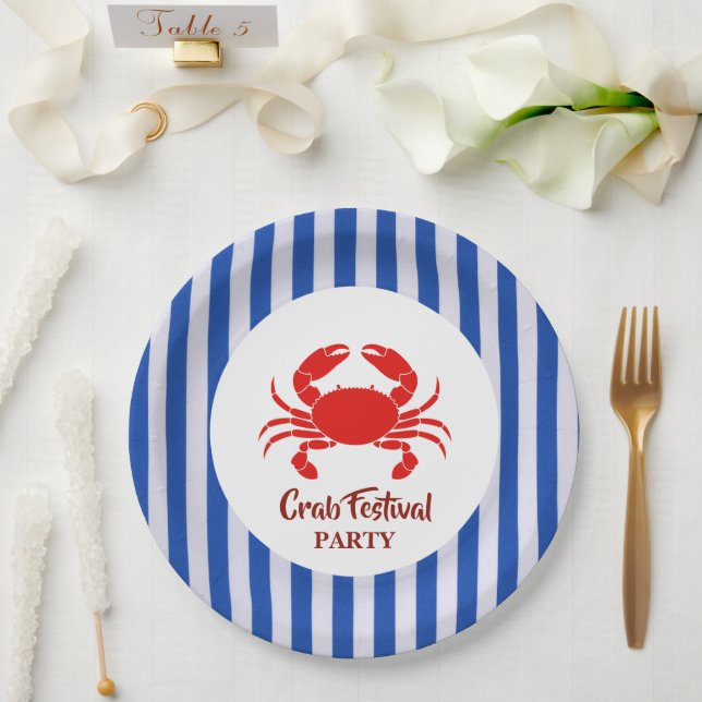 Red Crab Seafood Nautical Blue Stripes Party Pappteller (Hochzeit)