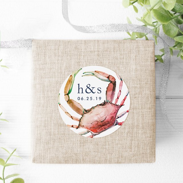Red Crab Wedding Monogram Runder Aufkleber (Von Creator hochgeladen)