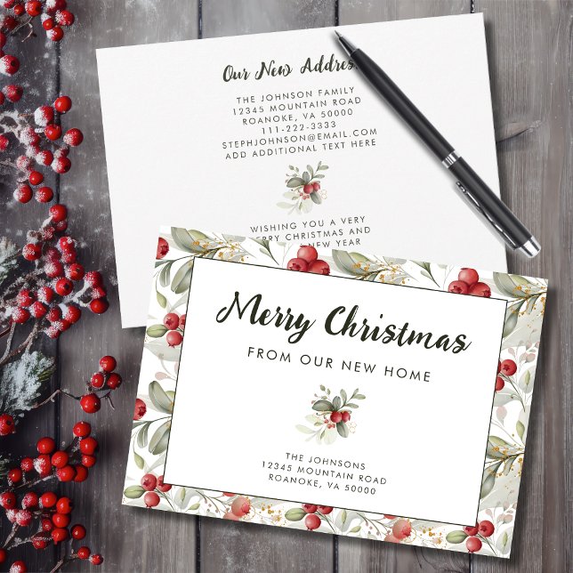 Red Cranberries Christmas Greenery Neue Zuhause Ankündigung (Red Cranberries Christmas Greenery New Home Announcement Flat Card with Envelope)
