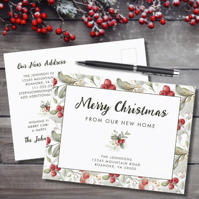 Red Cranberries Christmas Greenery Neue Zuhause Ankündigungspostkarte (Red Cranberries Christmas Greenery New Home Moving Announcement Postcard)