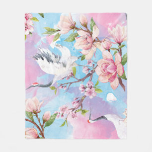 Red Crane Watercolor Japanische Motif Fleecedecke