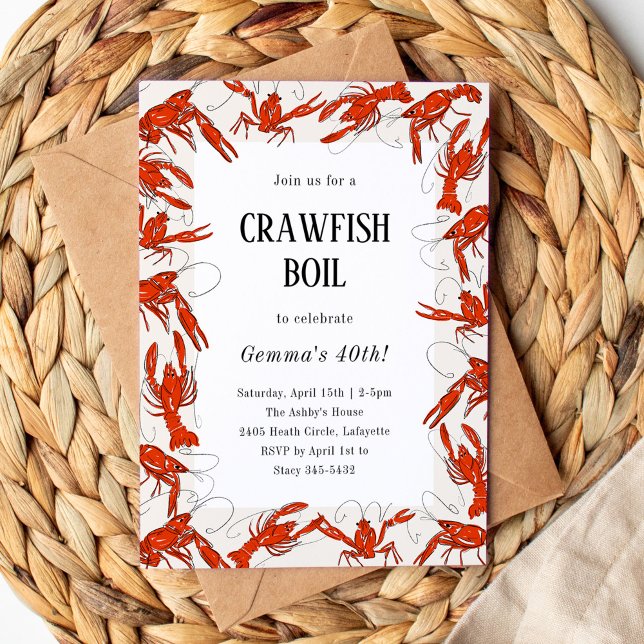 Red Crawfish Booking Seafood Birthday Party Einladung (Red crawfish boil seafood birthday party invitation.)