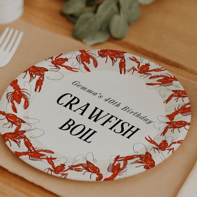 Red Crawfish Booking Seafood Birthday Party Pappteller (Crawfish boil party personalized paper plates.)