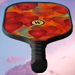 Red Crazy Herzen auf Türkis und Monogram Initial Pickleball Schläger
