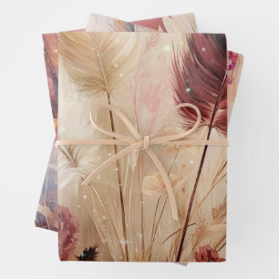 Red Cream Boho Feather Floral Geschenkpapier Set