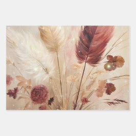 Red Cream Boho Feather Floral Geschenkpapier Set