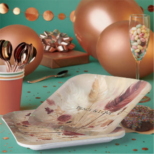 Red Cream Boho Feather Floral Pappteller