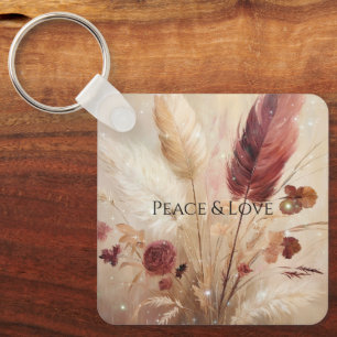 Red Cream Boho Feather Floral Schlüsselanhänger