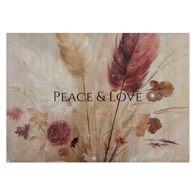Red Cream Boho Feather Floral Schneidebrett (Vorderseite)